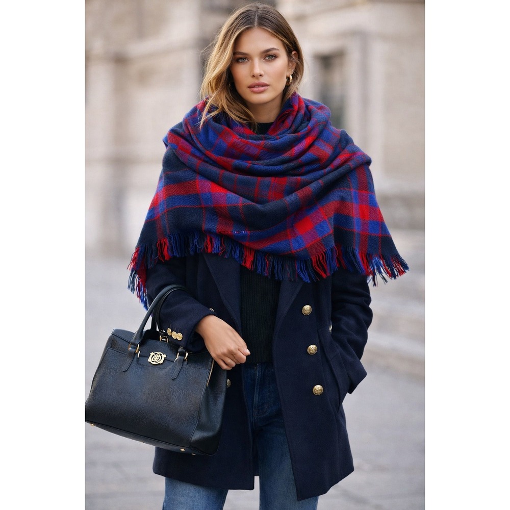 Large Plaid Blanket Scarf Blue Red Fringed Boho Wrap Shawl
